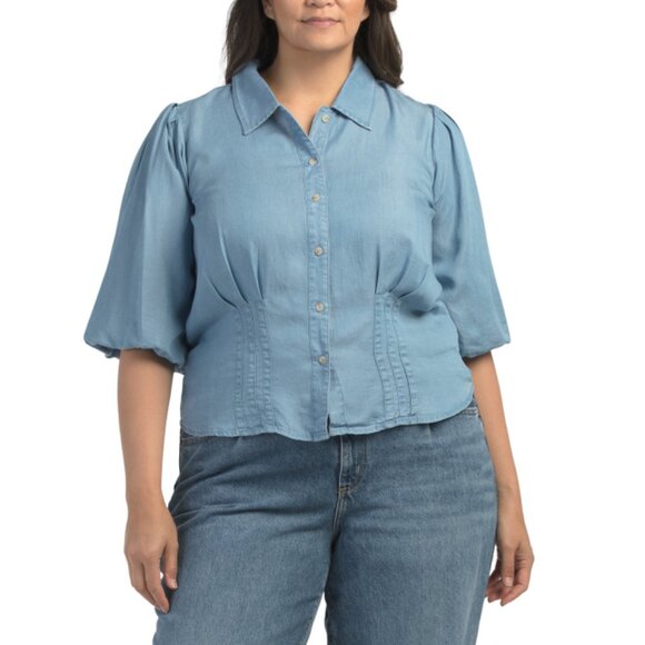 GIVEN KALE Blue Plus Shirt With Puff Sleeves - Picture 1 of 2